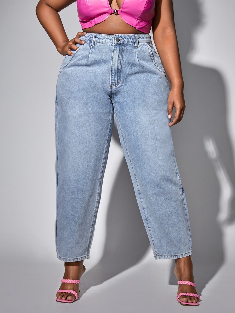 Quần Denim kích thước lớn Nút Túi Dây kéo màu trơn - Rửa nhẹ - Xem 1