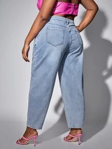 Quần Denim kích thước lớn Nút Túi Dây kéo màu trơn - Rửa nhẹ - Xem 2