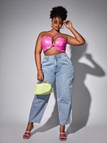 Quần Denim kích thước lớn Nút Túi Dây kéo màu trơn - Rửa nhẹ - Xem 3