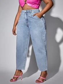 Quần Denim kích thước lớn Nút Túi Dây kéo màu trơn - Rửa nhẹ - Xem 4
