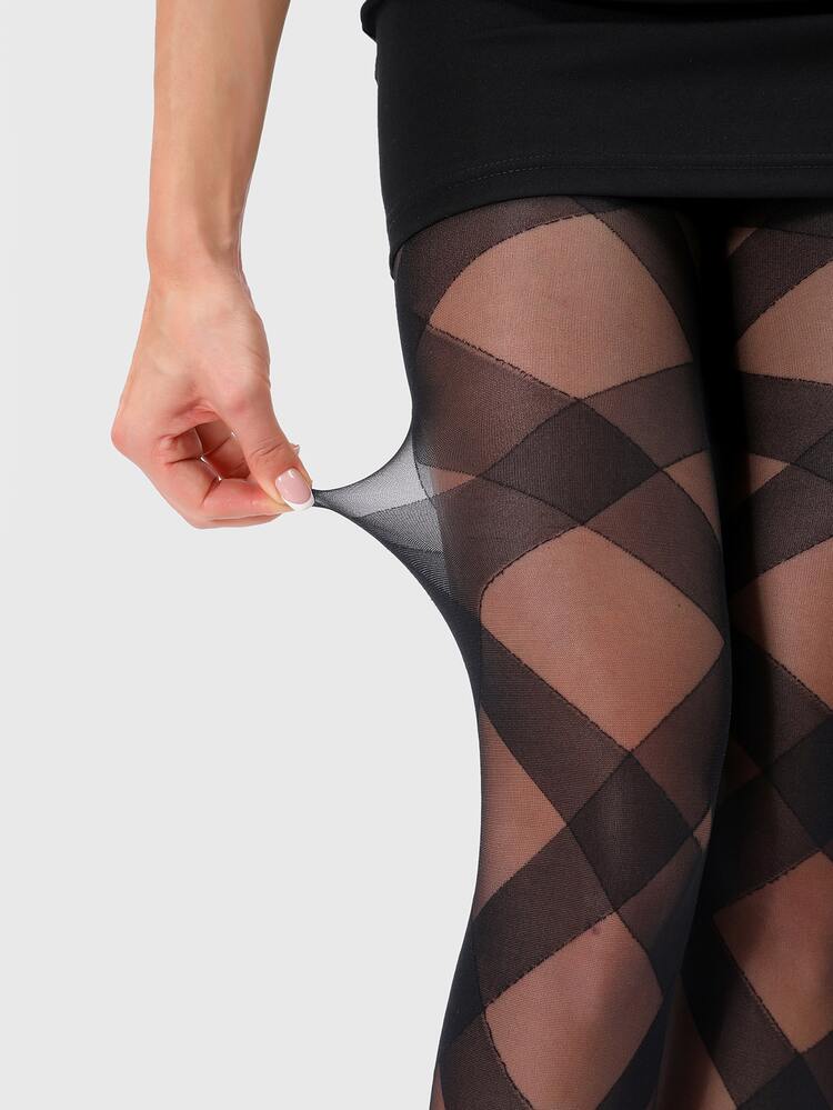 Plaid Pattern Tights - Black - View 3