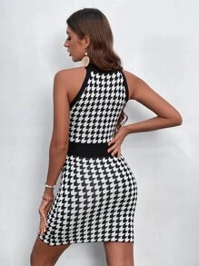 Ladies áo len váy Nút Nút phía trước Khối Màu Tất cả trên in Thanh lịch - Đen và trắng - Xem 2