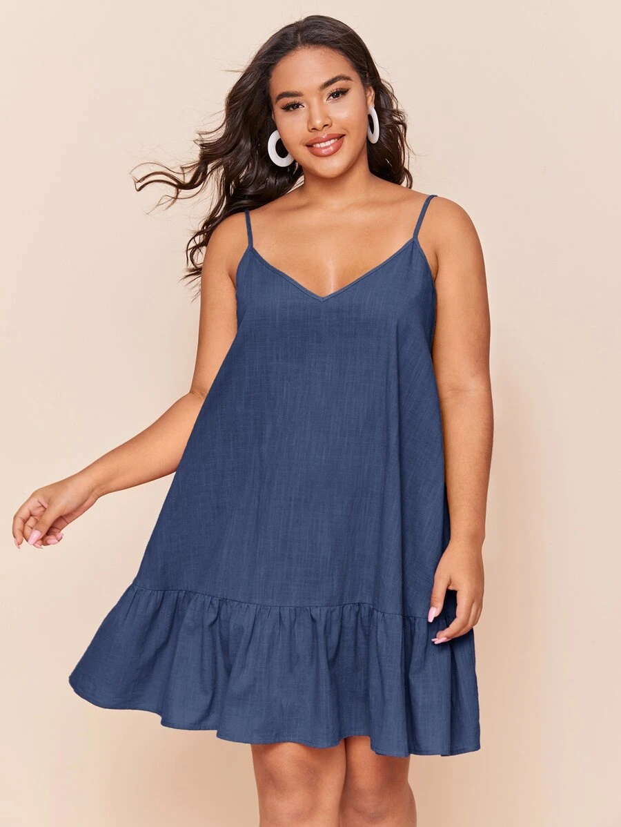 SHEIN LUNE Plus Double V-Neck Ruffle Hem Slip Dress - Navy Blue - View 1