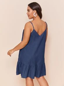 SHEIN LUNE Plus Double V-Neck Ruffle Hem Slip Dress - Navy Blue - View 2