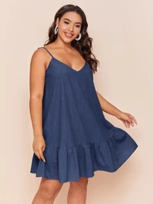 SHEIN LUNE Plus Double V-Neck Ruffle Hem Slip Dress - Navy Blue - View 3