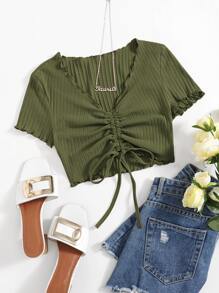 SHEIN EZwear Plus Drawstring Ruched Lettuce Trim Tee - Army Green - View 1