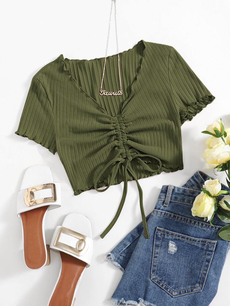 SHEIN EZwear Plus Drawstring Ruched Lettuce Trim Tee - Army Green - View 1