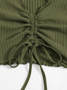 SHEIN EZwear Plus Drawstring Ruched Lettuce Trim Tee - Army Green - View 3