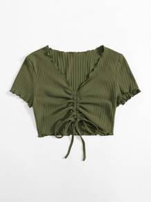 SHEIN EZwear Plus Drawstring Ruched Lettuce Trim Tee - Army Green - View 4