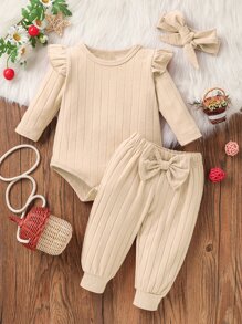 Baby Ruffle Trim Bodysuit & Bow Front Joggers & Headband - Beige - View 1
