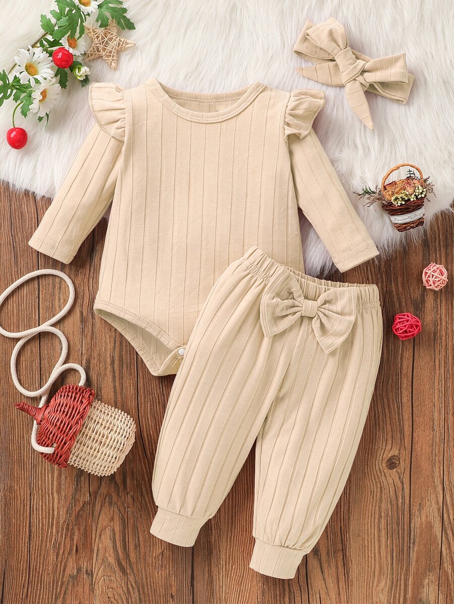Baby Ruffle Trim Bodysuit & Bow Front Joggers & Headband - Beige - View 1