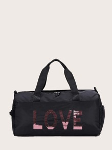 Letter Sequins Decor Duffel Bag - Black - View 1