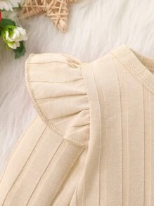 Baby Ruffle Trim Bodysuit & Bow Front Joggers & Headband - Beige - View 3