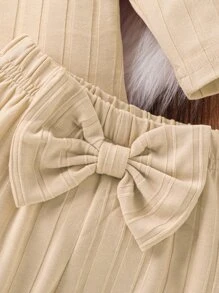 Baby Ruffle Trim Bodysuit & Bow Front Joggers & Headband - Beige - View 4