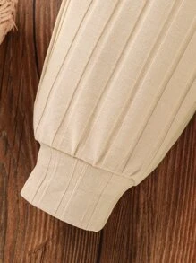 Baby Ruffle Trim Bodysuit & Bow Front Joggers & Headband - Beige - View 5