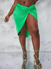 SHEIN SXY Plus Twist Front Asymmetrical Hem Skirt - Green - View 1