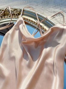 大碼前垂褶後背十字交叉緞面吊帶睡裙和包