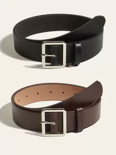 2pcs/Set Ladies' Brown & Black Leather Waist Belt With Silver Tone Square Buckle, Simple Style For Daily Wear Casual Fall, Autumn, Halloween