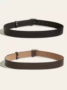 女士棕黑色真皮腰带套装（2条装），配银色方形扣，简约风格，适合日常休闲穿着，秋季、万圣节等场合。 - 彩色 - 查看 2