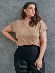 SHEIN LUNE 大碼蝙蝠袖素色T恤 - 卡其色 - 查看 1