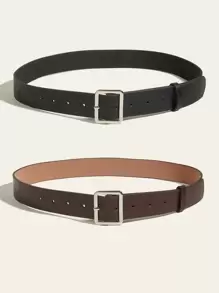 女士棕黑色真皮腰带套装（2条装），配银色方形扣，简约风格，适合日常休闲穿着，秋季、万圣节等场合。 - 彩色 - 查看 3