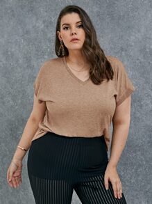 SHEIN LUNE 大碼蝙蝠袖素色T恤 - 卡其色 - 查看 4