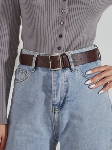 女士棕黑色真皮腰带套装（2条装），配银色方形扣，简约风格，适合日常休闲穿着，秋季、万圣节等场合。 - 彩色 - 查看 6