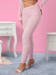 SHEIN SXY 高腰交叉繫帶褶邊緊身打底褲