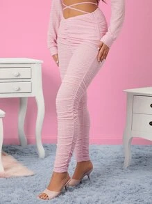 SHEIN SXY 高腰交叉繫帶褶邊緊身打底褲