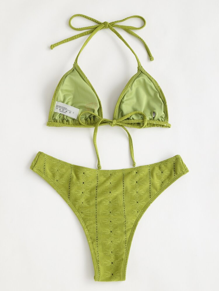 Bikini triángulo de escote halter con bordados de ojal para el verano - Verde Lima - Añade 2