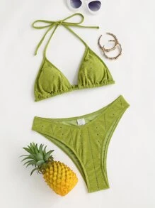 Eyelet Embroidery Halter Triangle Bikini Summer - Lime Green - View 5