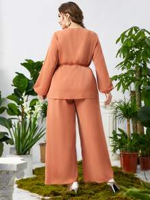 Bộ thời trang Plus Size Thắt lưng Tương phản ren màu trơn Giải trí - màu nâu - Xem 2