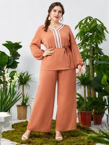 Bộ thời trang Plus Size Thắt lưng Tương phản ren màu trơn Giải trí - màu nâu - Xem 3