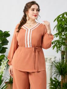 Bộ thời trang Plus Size Thắt lưng Tương phản ren màu trơn Giải trí - màu nâu - Xem 4