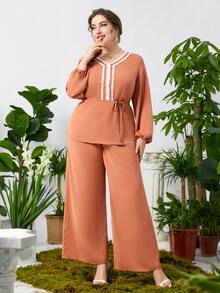 Bộ thời trang Plus Size Thắt lưng Tương phản ren màu trơn Giải trí - màu nâu - Xem 5