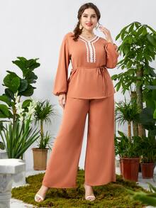 Bộ thời trang Plus Size Thắt lưng Tương phản ren màu trơn Giải trí - màu nâu - Xem 6