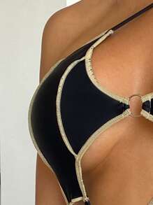Phụ nữ Binding Trim Cut Out Ring Liên kết Đồ bơi Set Bãi biển Mùa hè - màu đen - Xem 4