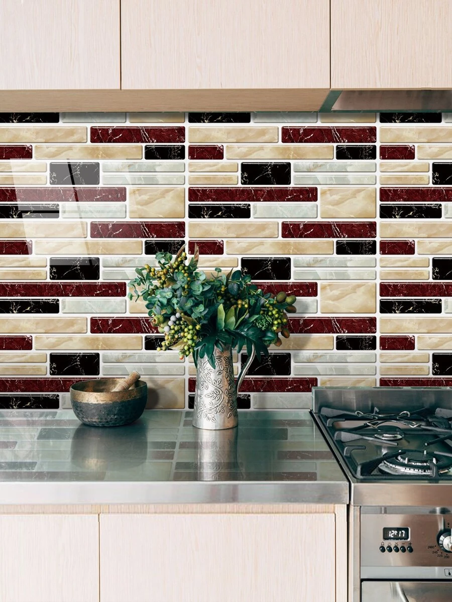 SUPSTICKER 1 件/9 件/24 件 2D 效果大理石纹理加厚水晶厨房贴纸防水防油厨房浴室背景墙贴家居装饰自粘防潮墙纸 7.87x3.94 英寸 - 彩色 - 查看 1