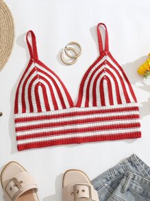 條紋圖案針織吊帶短上衣 - 紅白色 - 查看 1