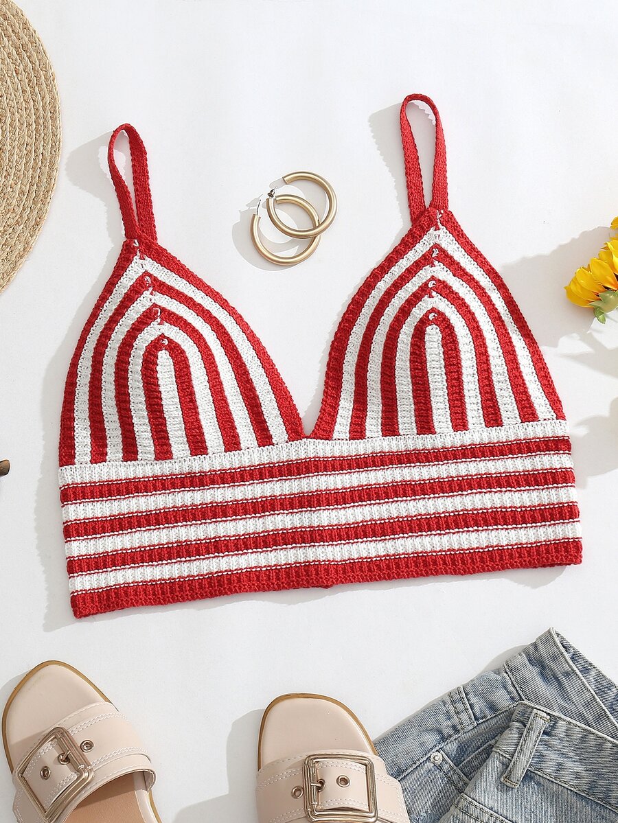 條紋圖案針織吊帶短上衣 - 紅白色 - 查看 1