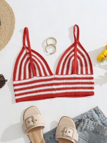條紋圖案針織吊帶短上衣 - 紅白色 - 查看 2