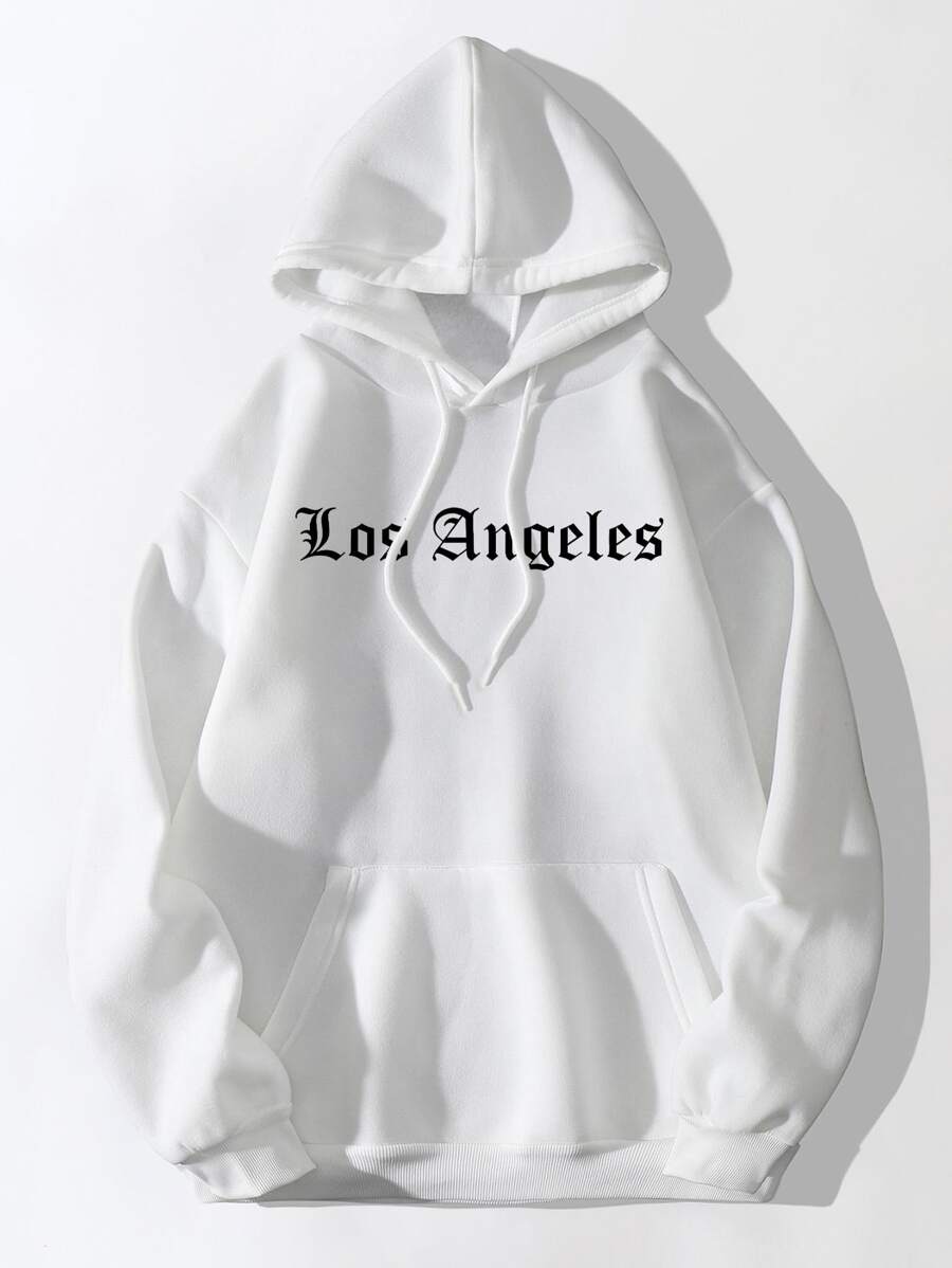 INAWLY 字母图案落肩袋鼠口袋连帽衫，长袖上衣 - 白色 - 查看 1