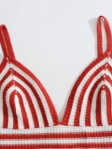 條紋圖案針織吊帶短上衣 - 紅白色 - 查看 4