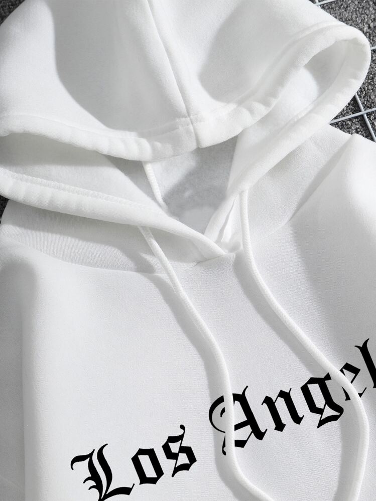 INAWLY 字母图案落肩袋鼠口袋连帽衫，长袖上衣 - 白色 - 查看 7