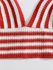 條紋圖案針織吊帶短上衣 - 紅白色 - 查看 5