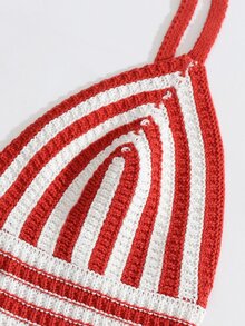 條紋圖案針織吊帶短上衣 - 紅白色 - 查看 6