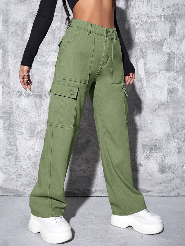 High Waisted Zip Up Cargo Jeans - Army Green - View 3