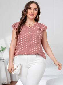 SHEIN LUNE 大碼波卡圓點荷葉邊襯衫 - 藕粉色 - 查看 3