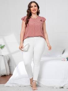 SHEIN LUNE 大碼波卡圓點荷葉邊襯衫 - 藕粉色 - 查看 5