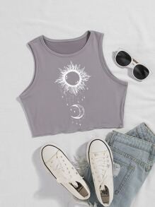 SHEIN Unity Top tank corto con estampado de sol y luna - Gris - Ver 1